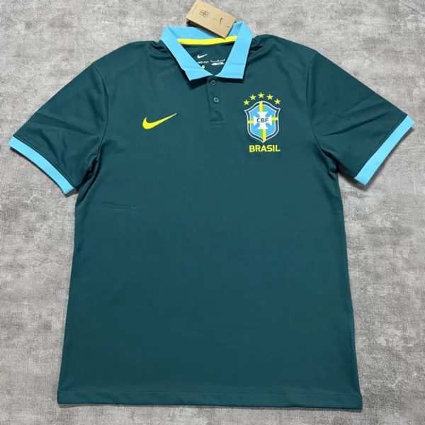 Brazil national football team polo shirt in teal with light-blue collar and cuffs, Nike swoosh and CBF Brasil crest with stars.