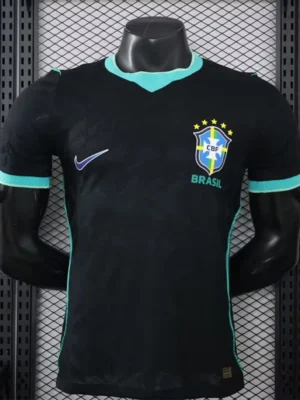 Black Brazil national team jersey on a mannequin with turquoise trim and crest, Nike swoosh visible on the chest.