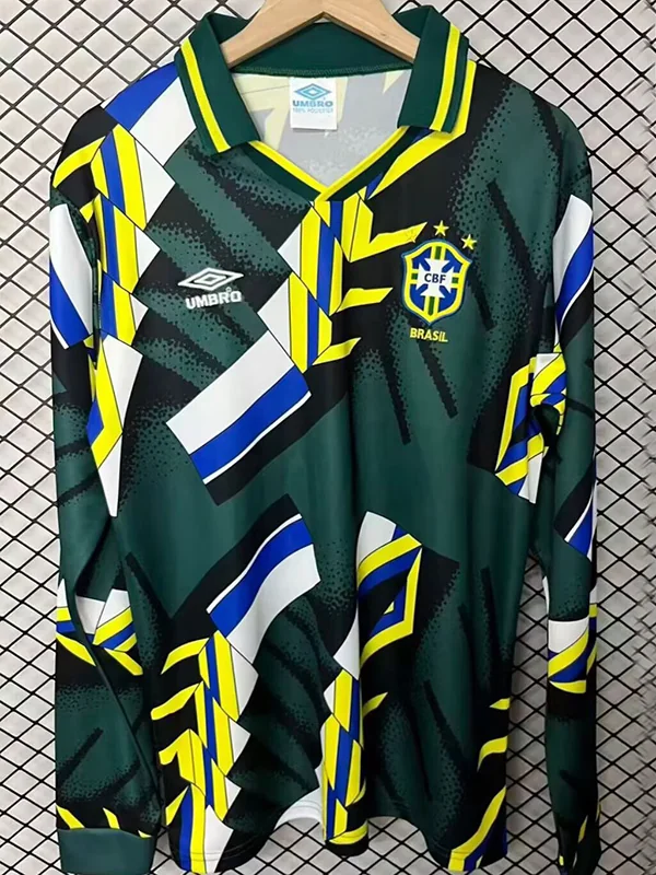 Brazil 1994/95 Retro Goalkeeper Long Sleeve Jersey Fan Version - Front View Brazil national team training jersey with geometric green, yellow, blue pattern and CBF crest on the chest (Umbro logo visible)
