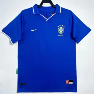 Brazil 1997/98 Retro Away Jersey Fan Version - Front View Blue Brazil national football team jersey on a clothes hanger with Nike swoosh andBrazil crest on the chest, white-trim collar.