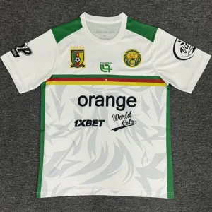 Cameroon 2025/26 White Training Shirt - Front View White soccer jersey with green shoulders and sides, featuring Cameroon crest, a lion emblem, and sponsor logos (Orange and World Cola).