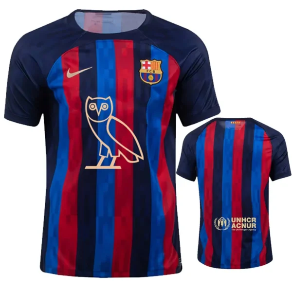 Front-and-back view of a FC Barcelona-style soccer jersey with blue and red vertical stripes, Nike swoosh, club crest, owl emblem, and UNHCR logo on the back panel.