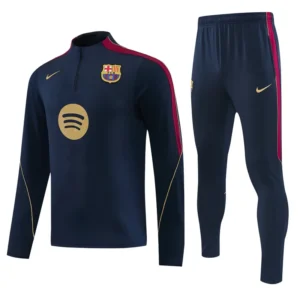 Barcelona 2026/27 Blue Half Pull Tracksuit - Front View Barcelona FC navy training tracksuit with maroon stripes, gold Nike swoosh, and Spotify sponsor logo on the chest (top and matching pants)