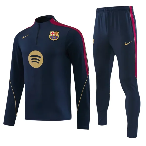 Barcelona 2026/27 Blue Half Pull Tracksuit - Front View - KFCool – Football Jerseys & Soccer Kits Store Barcelona FC navy training tracksuit with maroon stripes, gold Nike swoosh, and Spotify sponsor logo on the chest (top and matching pants)