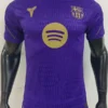 Barcelona 2026/27 Training Shirt Player Version - Front View Front view of a purple FC Barcelona jersey on a mannequin, featuring a gold Spotify logo across the chest and the club crest on the left.
