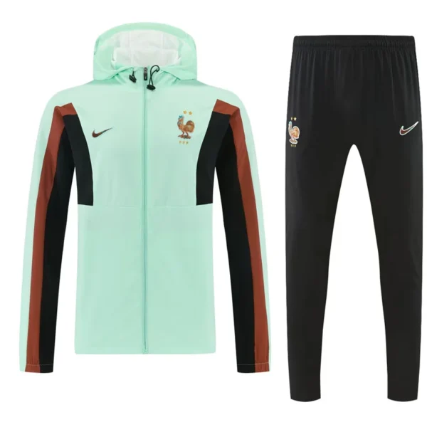 France 2026/27 Windbreaker Suit - Front View - KFCool – Football Jerseys & Soccer Kits Store Mint green France national football team tracksuit jacket with brown and black color blocks, shown with matching black pants bearing the crest and Nike logos.