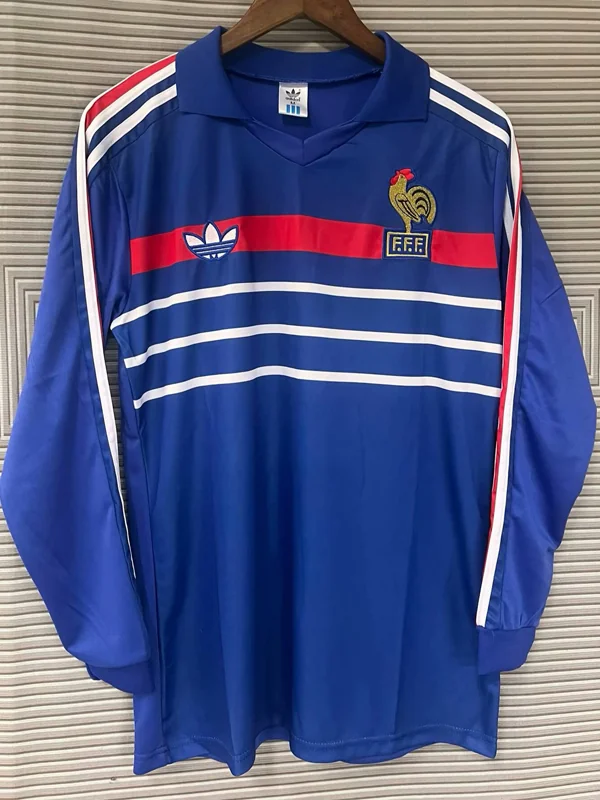 France 1984/86 Retro Home Long Sleeve Jersey Fan Version - Front View | KFCOOL