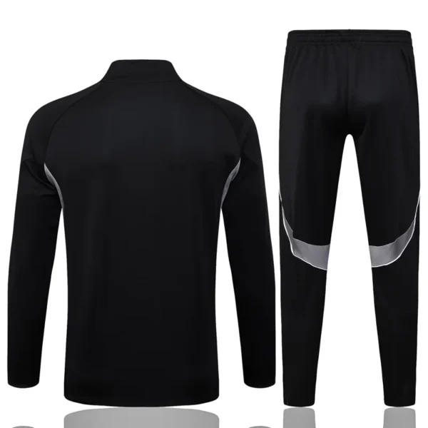 Germany 2025/26 Black Jacket Tracksuit - Back View - KFCool – Football Jerseys & Soccer Kits Store Black athletic tracksuit jacket with matching black pants featuring silver curved side panels and a simple back view.