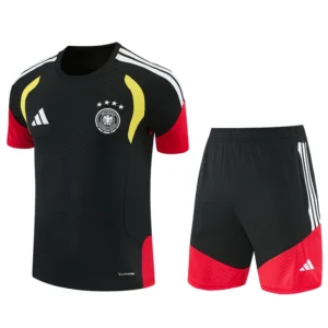 Germany national team soccer jersey and shorts set: black with red sleeves, yellow accents, and white crest on chest.