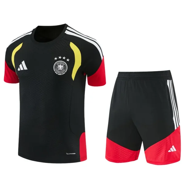 Germany national team soccer jersey and shorts set: black with red sleeves, yellow accents, and white crest on chest.