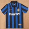 Inter Milan 2007/08 Retro Home Jersey Fan Version - Front View Inter Milan home football jersey with blue and black stripes, Pirelli sponsor, Nike swoosh, and club crest.