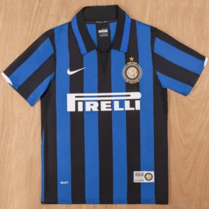 Inter Milan 2007/08 Retro Home Jersey Fan Version - Front View Inter Milan home football jersey with blue and black stripes, Pirelli sponsor, Nike swoosh, and club crest.