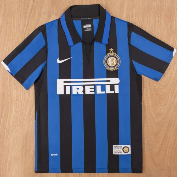 Inter Milan 2007/08 Retro Home Jersey Fan Version - Front View Inter Milan home football jersey with blue and black stripes, Pirelli sponsor, Nike swoosh, and club crest.
