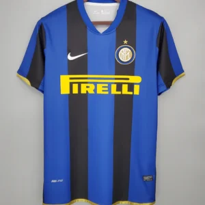 Inter Milan 2008/09 Retro Home Jersey Fan Version - Front View Inter Milan football jersey with blue and black vertical stripes, yellow Pirelli sponsor, Nike logo, and club crest on the chest.