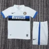 Inter Milan 2009/10 Retro Away Kids Kit Fan Version - Front View - KFCool – Football Jerseys & Soccer Kits Store Inter Milan white away kit: white jersey with blue-black Pirelli band and club crest, shorts with blue stripe and Nike swoosh on left leg
