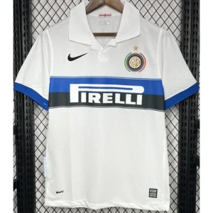 Inter Milan 2009/10 Retro Away Jersey Fan Version - Front View White Inter Milan soccer jersey on a hanger featuring a blue sponsor stripe, Nike logo, and club crest with a star above it