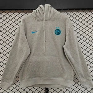 Gray hoodie on hanger featuring blue Nike swoosh and Inter Milan crest on chest, front pocket visible, casual athletic wear