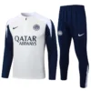 Inter Milan 2025/26 Half Pull Tracksuit - Front View - KFCool – Football Jerseys & Soccer Kits Store Inter Milan training kit: white zip-front top with navy sleeves and navy pants, sponsor Qatar Airways visible on chest.