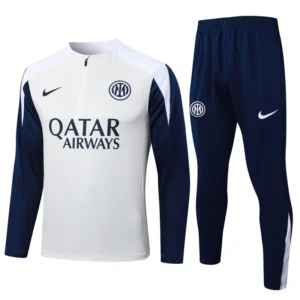 Inter Milan 2025/26 Half Pull Tracksuit - Front View Inter Milan training kit: white zip-front top with navy sleeves and navy pants, sponsor Qatar Airways visible on chest.