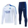 White long-sleeve training jersey with blue shoulder stripes, team crest, and Qatar Airways sponsor shown beside dark blue athletic pants with a side blue stripe and Nike logo, representing a soccer training outfit.