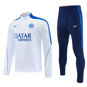 Inter Milan 2026/27 White Half Pull Tracksuit - Front View White long-sleeve training jersey with blue shoulder stripes, team crest, and Qatar Airways sponsor shown beside dark blue athletic pants with a side blue stripe and Nike logo, representing a soccer training outfit.