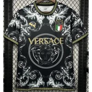Black Versace T-shirt with Medusa emblem, gold logo, ornate white scrollwork, Italian flag crest, and Greek key trim.