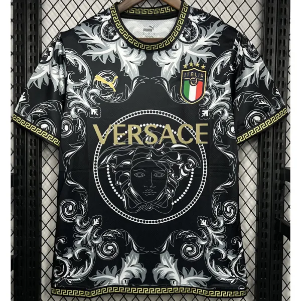 Black Versace T-shirt with Medusa emblem, gold logo, ornate white scrollwork, Italian flag crest, and Greek key trim.