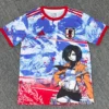 Anime-style football jersey with a bold blue-red background, featuring a character in an orange jacket wielding a sword and a Japan crest.