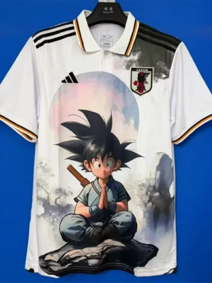 Japan 2026/27 Special Edition Polo Shirt - Front View White Japan soccer jersey with Adidas stripes and crest, featuring a large Dragon Ball Z character (Goku) meditating with a pastel sun background.