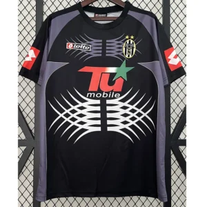 Juventus 2001/02 Retro Goalkeeper Jersey Fan Version - Front View Juventus football jersey on a hanger: black with purple sleeves, large white geometric chest design and T-Mobile sponsor.