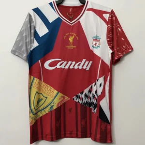 Liverpool 2005/06 Retro Special Jersey Fan Version - Front View Liverpool FC football jersey with Candy sponsor, geometric red and white panels, and a Champions League patch on the chest.
