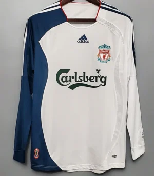 Liverpool 2006/07 Retro Away Long Sleeve Jersey Fan Version - Front View White and blue long-sleeve Liverpool FC jersey on a hanger, featuring Adidas logo, Liverpool crest, and Carlsberg sponsor across the chest