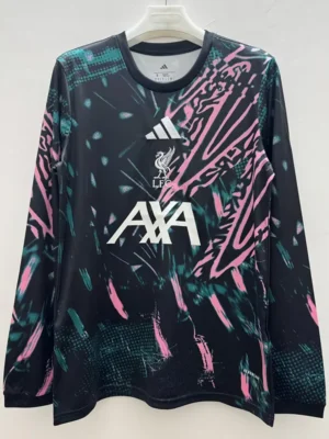 Liverpool FC training jersey on a hanger, black with pink/teal abstract pattern, featuring Adidas, LFC crest, and AXA sponsor.