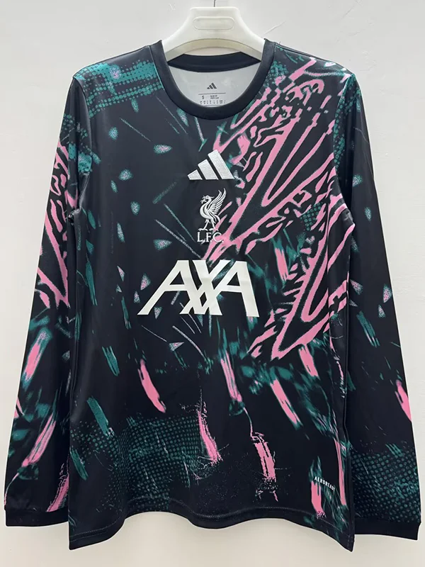 Liverpool FC training jersey on a hanger, black with pink/teal abstract pattern, featuring Adidas, LFC crest, and AXA sponsor.