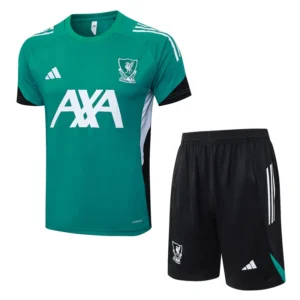Liverpool 2025/26 Training Short Suit - Front View Teal football jersey with white AXA sponsor and club crest, paired with black shorts with white stripes and club badge.