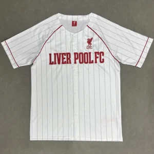 Liverpool 2025/26 White Red Jersey Fan Version - Front View Liverpool FC white home jersey with red pinstripes and crest on the chest, front view