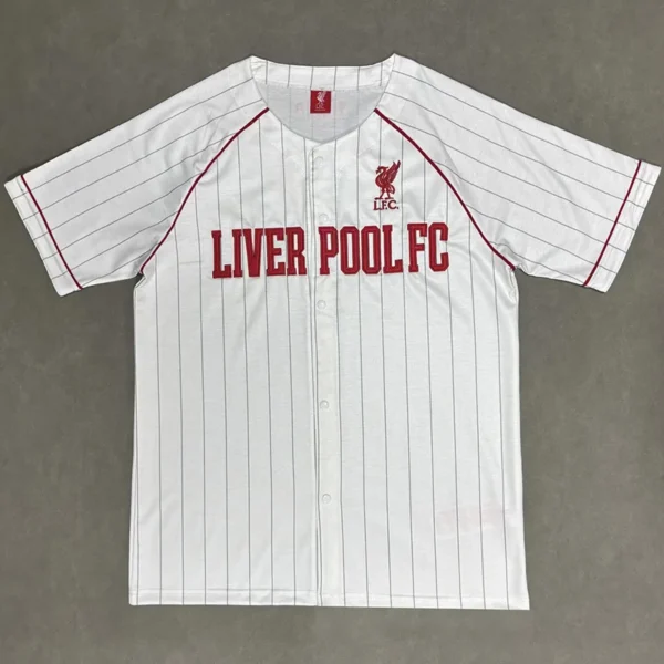 Liverpool FC white home jersey with red pinstripes and crest on the chest, front view