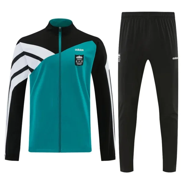Liverpool 2026/27 Green Black Windbreaker Suit - Front View - KFCool – Football Jerseys & Soccer Kits Store Adidas color-block tracksuit jacket in teal, black, and white with crest, paired with matching black pants.