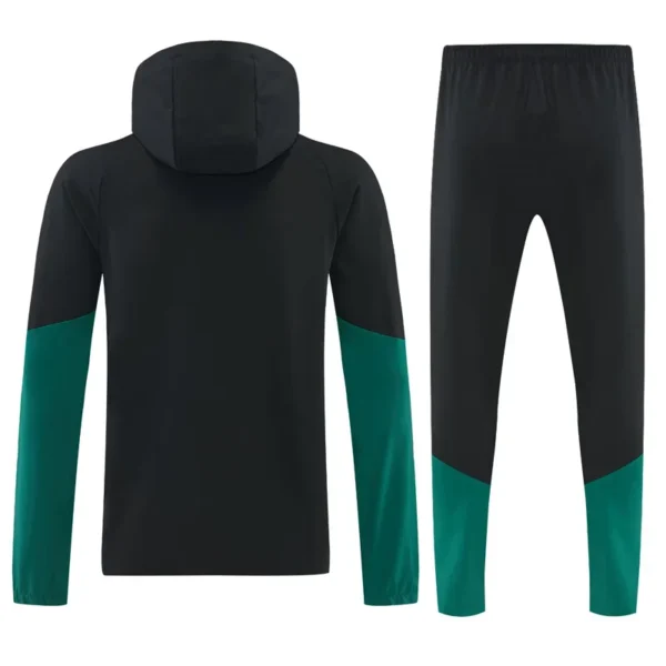 Black tracksuit set: hooded jacket with teal sleeve panels and matching black pants with teal lower sections.