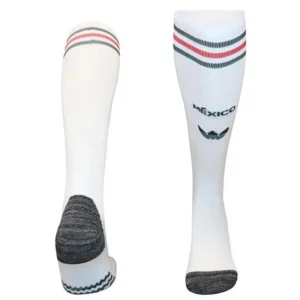 Mexico 2026/27 Away Socks - Front View White knee-high athletic socks with reinforced gray heel and toe, red and black stripes at the cuff, shown from front and back.