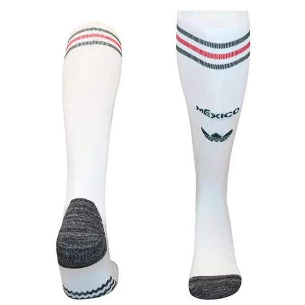 White knee-high athletic socks with reinforced gray heel and toe, red and black stripes at the cuff, shown from front and back.