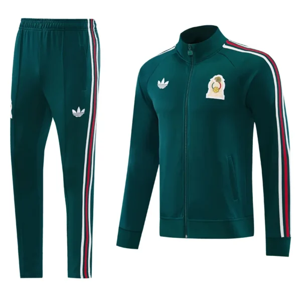 Mexico 2026/27 Dark Green Jacket Tracksuit - Front View - KFCool – Football Jerseys & Soccer Kits Store Teal Adidas tracksuit set with a zip-up jacket and matching joggers, featuring red, white, and green side stripes and a Mexico crest on the chest.