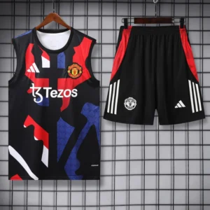Manchester United 2025/26 Black Sleeveless Shorts - Front View Manchester United training kit on display: black sleeveless jersey with red/blue camouflage pattern, Tezos logo, and club crest beside matching shorts with adidas stripes and crest on a grid backdrop.