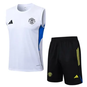 Manchester United training kit: white sleeveless jersey with blue side panel and black shorts with neon yellow stripes.
