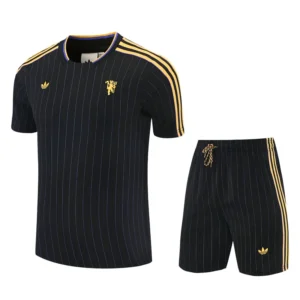 Manchester United 2025/26 Black Yellow Training Short Suit - Front View Black pinstripe athletic T-shirt and shorts set with gold shoulder/side stripes and gold crest logos, a coordinated sports outfit.