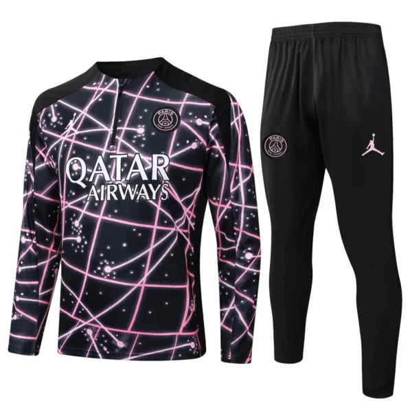 PSG 2025/26 Black Purple Half Pull Tracksuit - Front View - KFCool – Football Jerseys & Soccer Kits Store PSG training tracksuit: black with pink neon web pattern, front says 'QATAR AIRWAYS' and team crest on chest; matching black pants with PSG crest and Jordan logo.