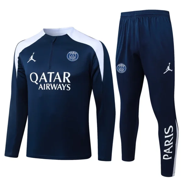 Paris Saint-Germain navy training jacket and joggers with white shoulder panels and sponsor logos (Qatar Airways) and PSG crest, full tracksuit set.