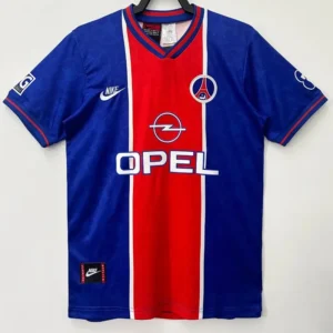PSG 1995/96 Retro Home Jersey Fan Version - Front View Blue soccer jersey with a central red stripe and white trim, featuring Opel sponsor logo and Nike swoosh.