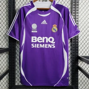 Purple Real Madrid soccer jersey on a hanger, featuring BenQ Siemens sponsor and team crest