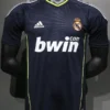 Real Madrid 2010/11 Retro Away Jersey Player Version - Front View Navy Real Madrid football jersey on a mannequin, with lime piping, Adidas logo, and bwin sponsor front and center.